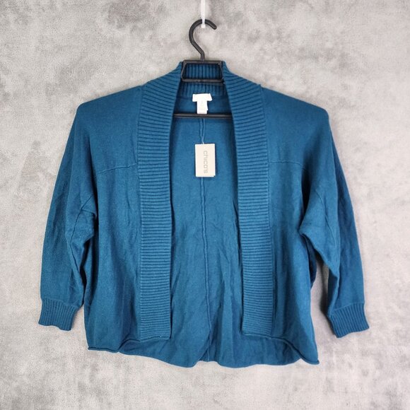 Womens Blue Chicos Open Front Cardigan Sweater Ribbed Trim Cotton Blend Size 1 - Picture 2 of 9
